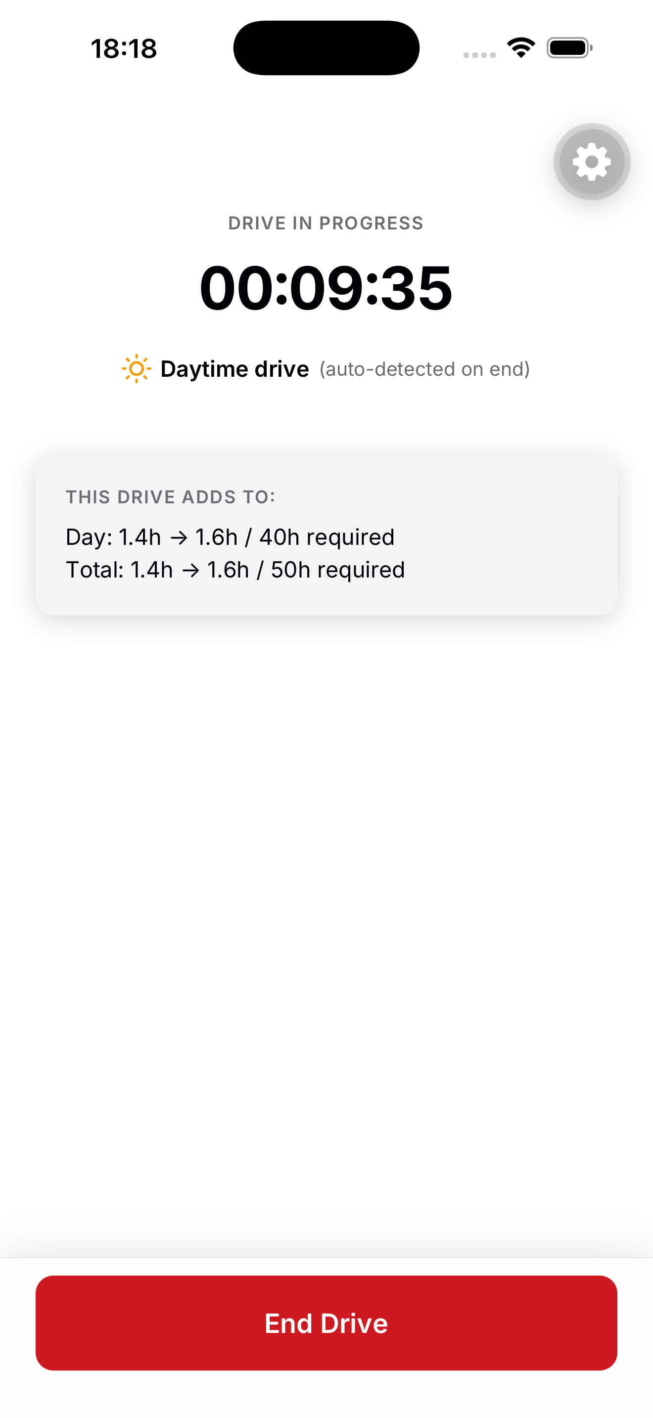 DriveLogs active drive timer showing elapsed time and automatic daytime detection