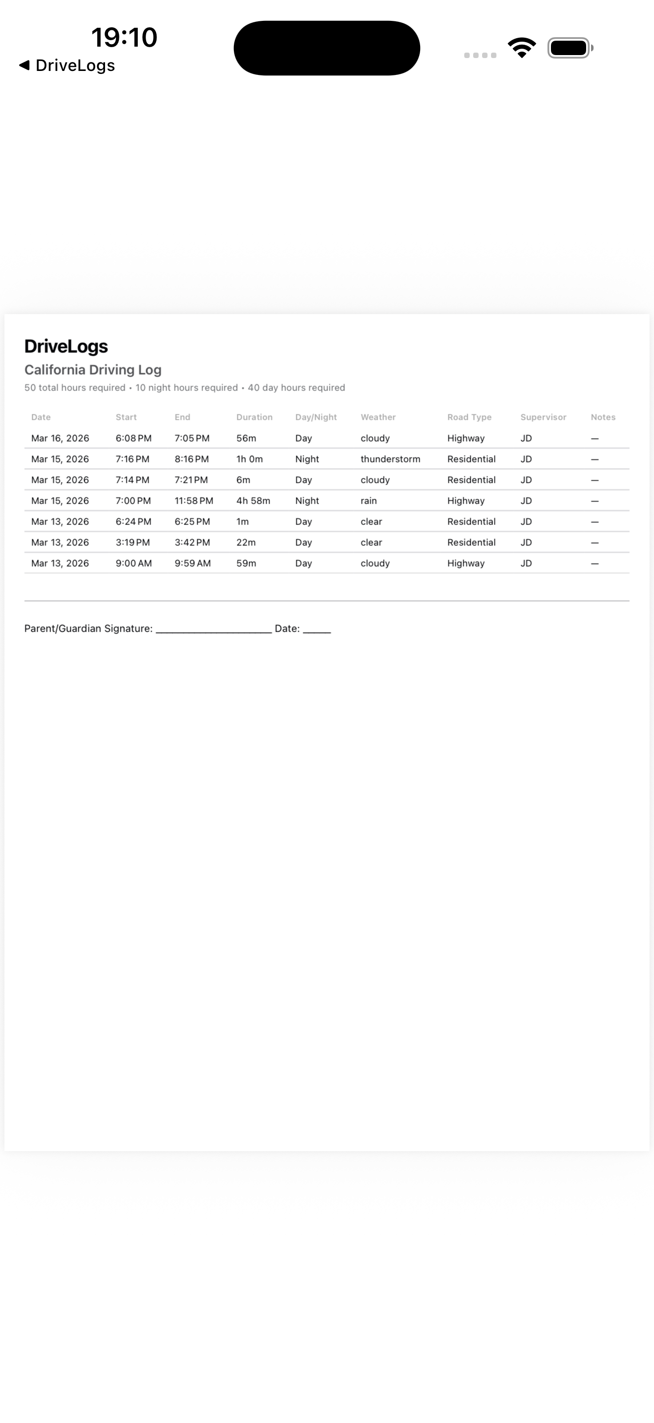 DriveLogs PDF export showing a formatted California driving log with dates, times, weather, and road types