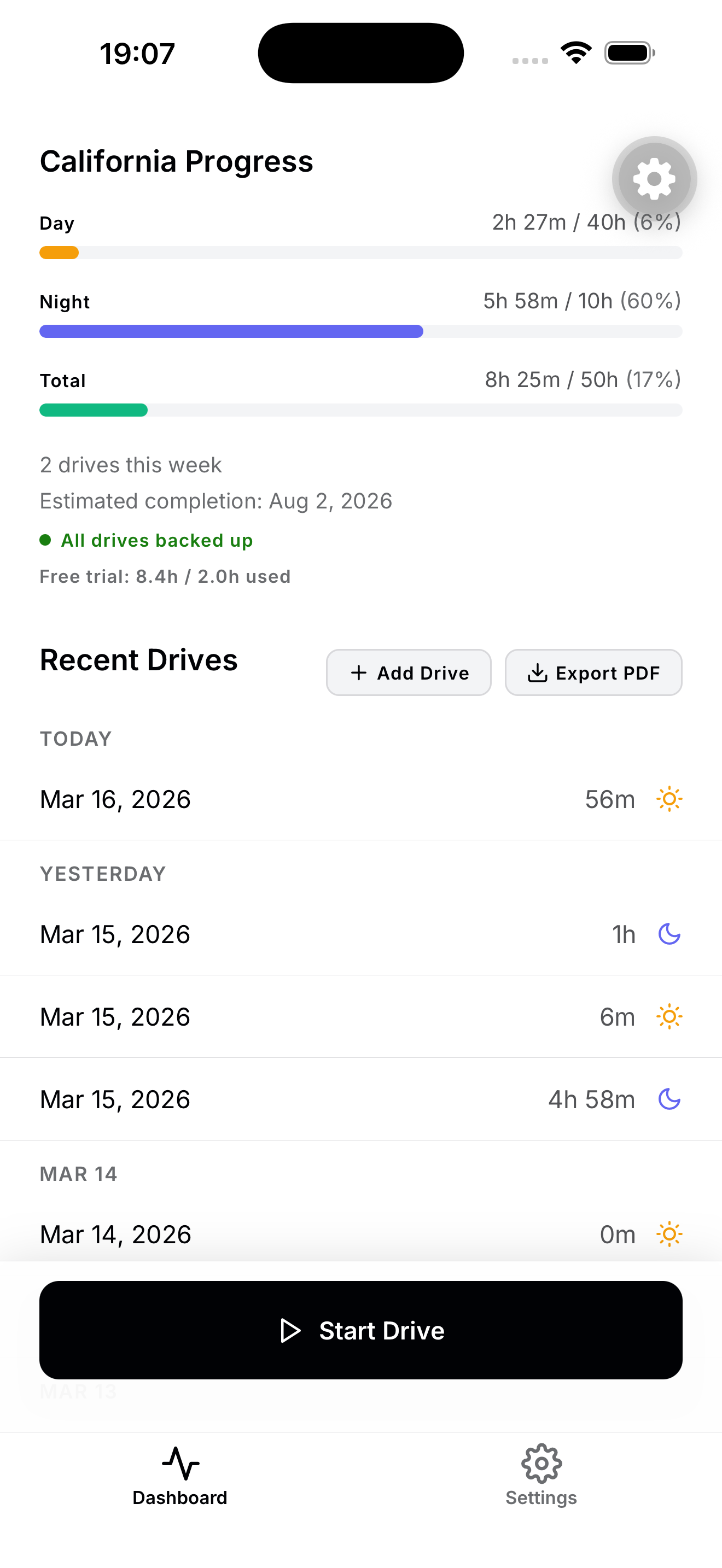 DriveLogs progress dashboard showing California state requirements with day, night, and total hour progress bars